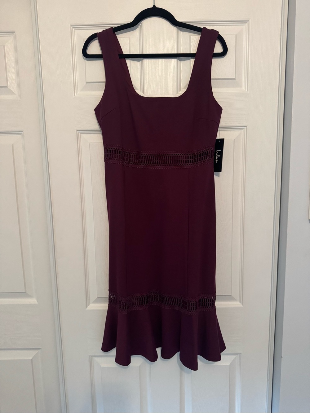 Lulu's Burgundy Square-Neck Crochet-Accent Midi Dress - Picture 2 of 4